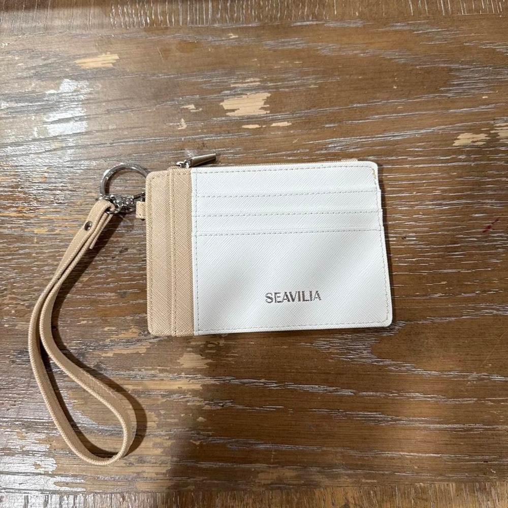 Seavilia white & tan card holder with wrist strap'